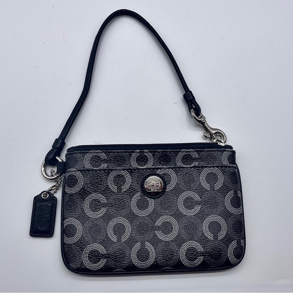 COACH Black White Monogram Canvas Corner Zip Wristlet Purse Purple Lining